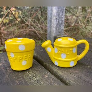 Vintage Waterer & Flower Pot Yellow with White Polka Dot Salt and Pepper Shakers